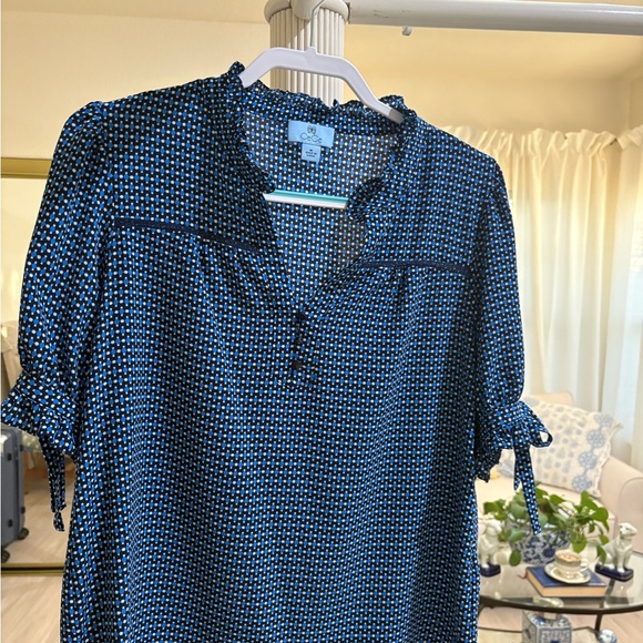 CeCe Navy blue  v neck tie sleeves  Patterned Women's Blouse - Picture 1 of 7